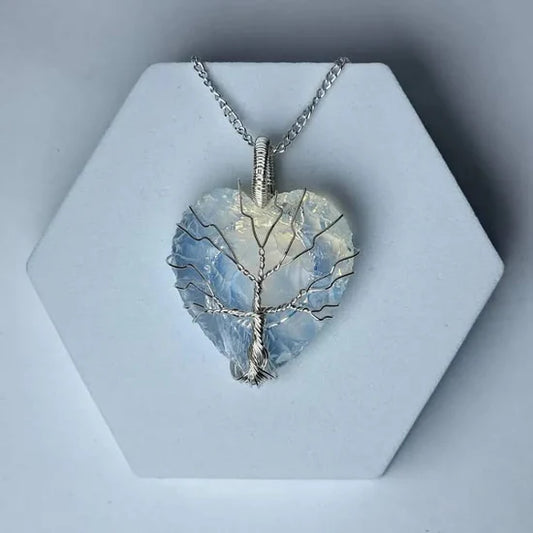 Heart-Shaped Opalite Pendant with Tree of Life Wire Wrap – Healing Crystal Necklace