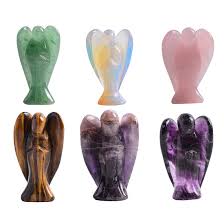 Hand-Carved Crystal Angel Figurines – Set of 5 Healing Stone Angels (Tiger Eye, Amethyst, Rose Quartz, Aventurine, Opalite)